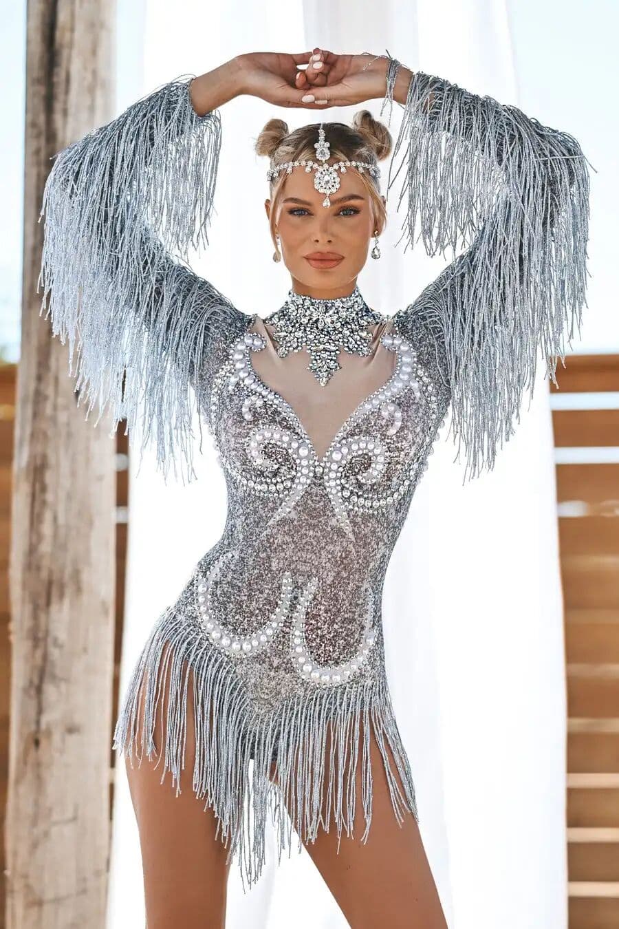 NONE Dancewear Stage Performance Rhinestone Bodysuits Sexy Long Sleeves Tassel Pearls One Piece Short Jumpsuit Stripper Outfits