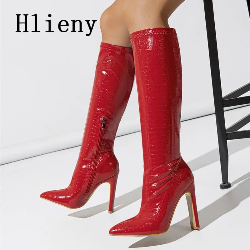 Hlieny Autumn Winter Fashion Women Knee High Motorcycle Boots Sexy Pointed Toe Square Heels Long Zipper Female Botas Shoes