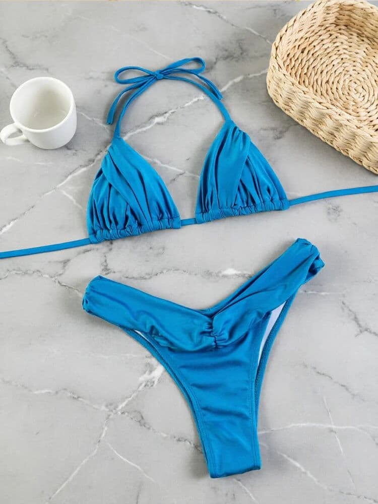 NONE Rinabe Blue Bikini Triangle Bikinis String Swimsuit Halter Swimwear Pleated Beachwear High Cut Swimsuits Two-Piece Bathing Suit