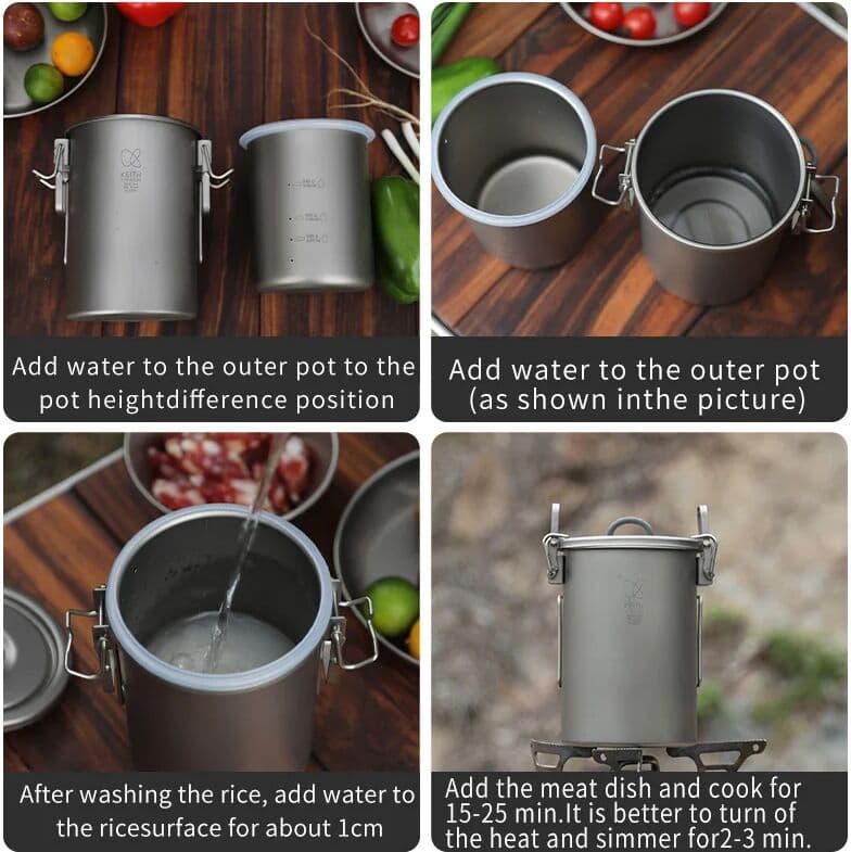 KEITH Pure Titanium Rice Cooker, 900ml Ultralight Portable Cooking Pot, Multi-functional Outdoor Camping Rice Pot for Hiking