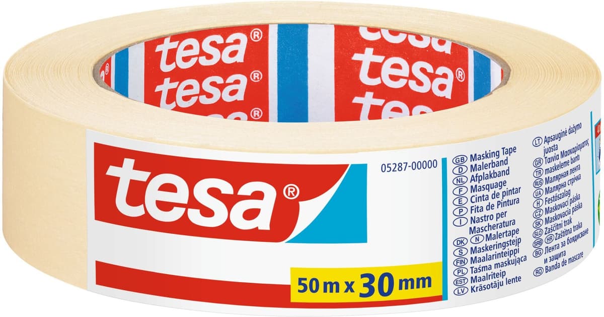 tesa UNIVERSAL, Malerband, Fixier- und Abdeckband, Kreppband, Papierabdeckband, 50 m x 30 mm