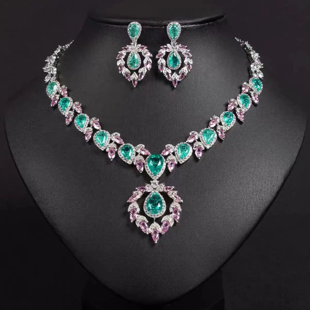NONE Light Luxury Pink & Green Jewelry Set Elegant Necklace Earrings Bridal Wedding Evening Gown Women Party Gift