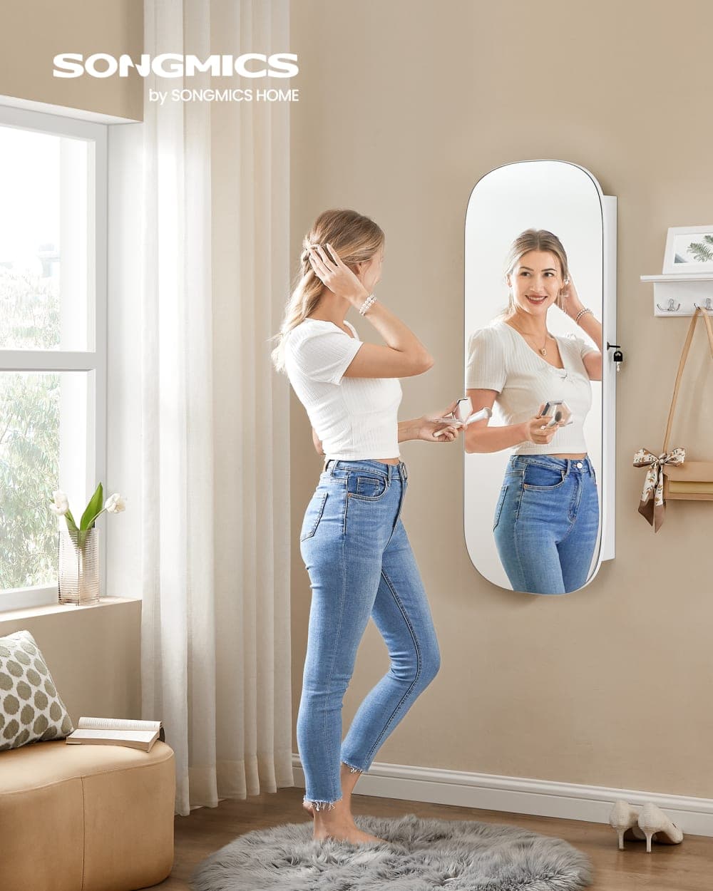 SONGMICS Espejo joyero de 10 x 42 x 108 cm de color blanco y gris