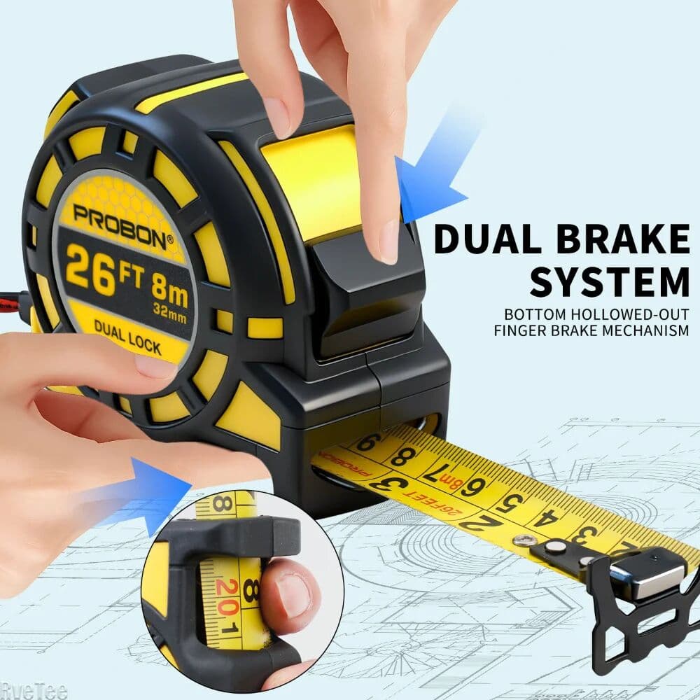 NONE PROBON 8m/26ft Industrial Dual-Sided Tape Measure, Metric/Imperial, 32mm Nylon Blade, Magnetic Hook, Belt Clip, Shockproof Case