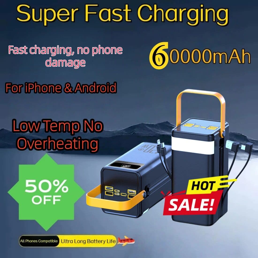 NONE 60000mAh Power Bank 120W Fast Charging Portable External Outdoor Camping Live Broadcast Mobile Power Supply With LED Flashlight