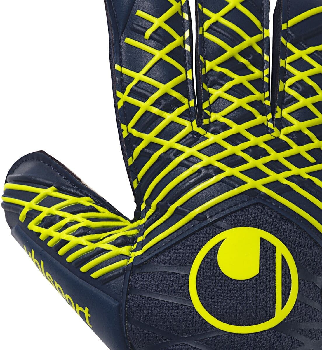 Torwarthandschuhe UHLSPORT "Torwarthandschuhe Prediction Supersoft", Herren, Gr. 8,5, blau (marine, weiß, fluo gelb), Obermaterial: 81% Gummi rubber. 13% Polyester PES. 6% Nylon NY., Handschuhe Torwarthandschuhe