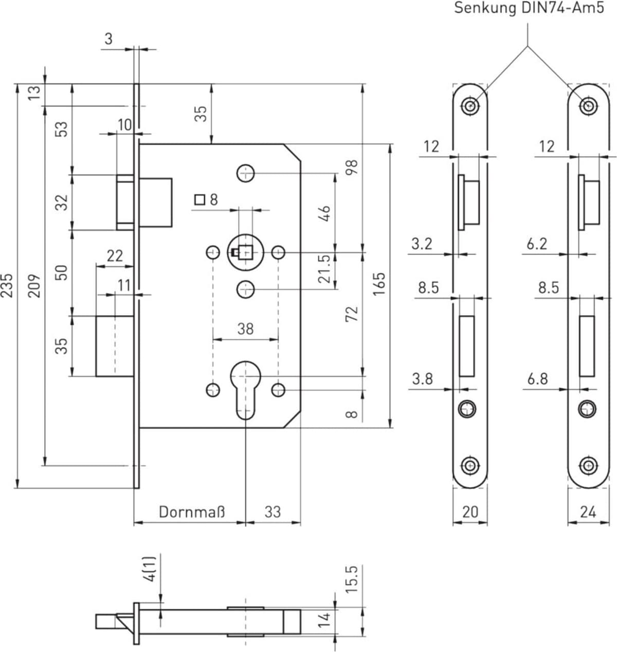 BMH Zimmertür-Einsteckschloss 300,WC78/8,D55,F20 ; Beyer & Müller (0300.000002)