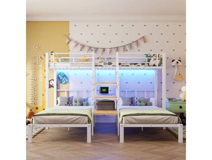 Lit superposé 90 x 200 cm blanc 3 places avec éclairage led ports USB prise intégrée échelle rangement bureau étagère sans matelas