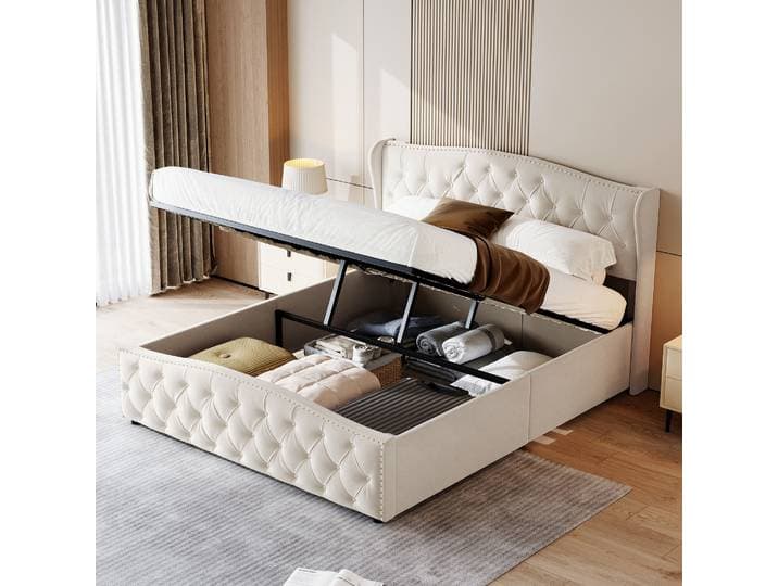 Jookgbd-lit Coffre 140x200 Cm\, Lit Double Rembourré Avec Tête De Lit Et Espace De Rangement\, Sommier À Lattes\, Lit Adulte Adolescent\, Velours\, Beige