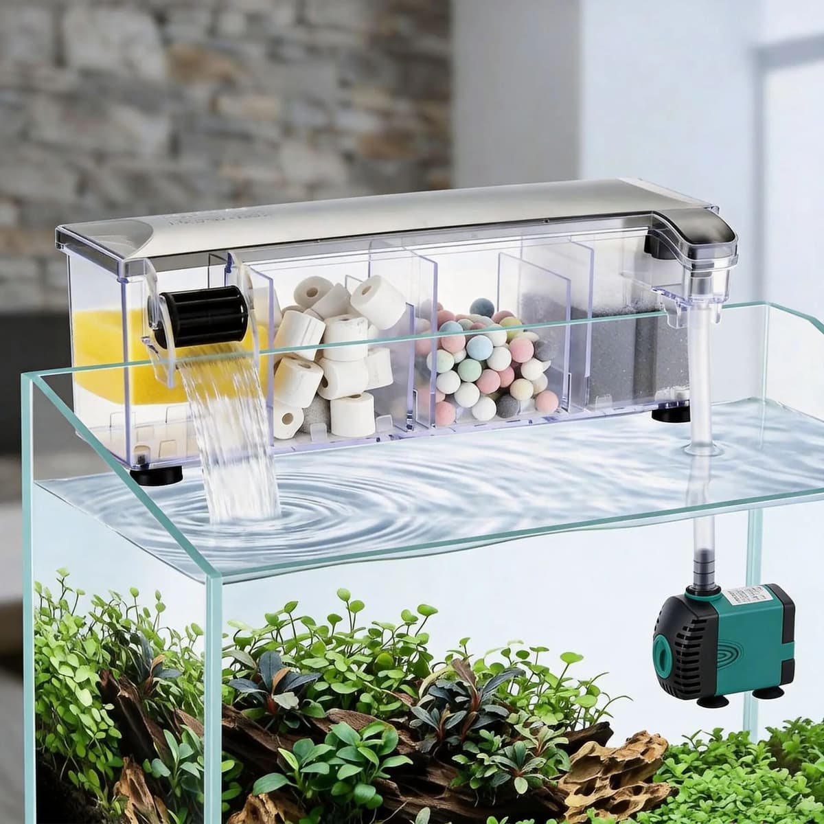 Seven 3-in-1 Hang On Aquarium Waterfall Filter Box External Oxygenation Fish Tank Filter Multi Layer Filtration Large Media Chamber