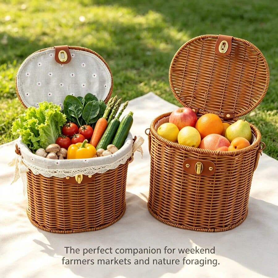 NONE Hand-woven Basket with Lid Lock Handle Round Storage Organizer for Picnic Gift Wedding Foraging Grocery Market Shopping Carrying