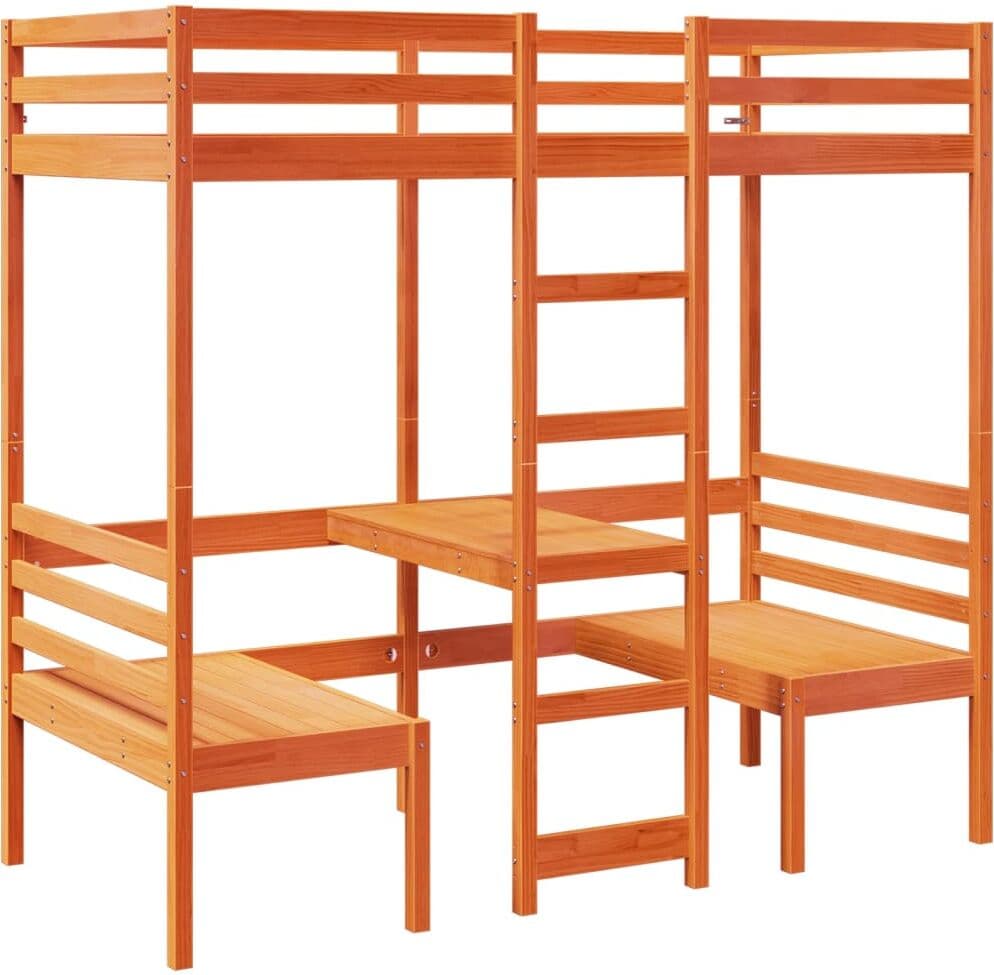 vidaXL Lit mezzanine avec bureau et chaises brun cire 90x200 cm pin