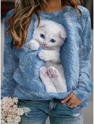Modern Mode Marketplace Plus Size Kawaii Sweatshirt Women's Plus Cat Print Long Sleeve Round Neck Sweatshirt blue l