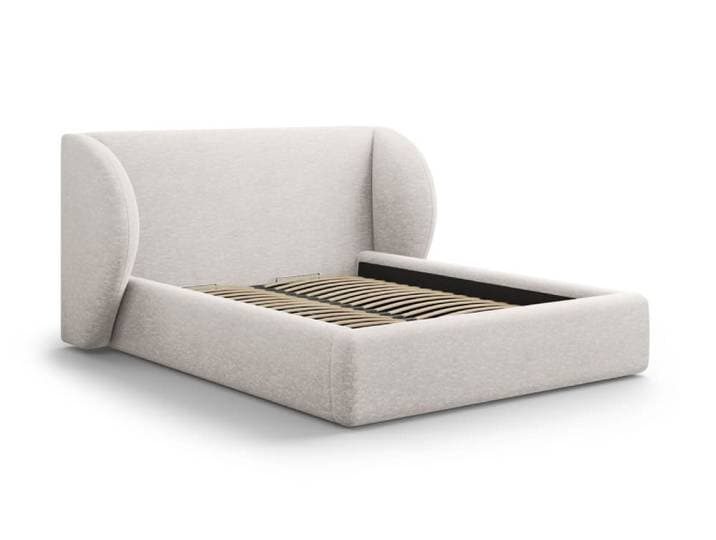 Lit coffre avec tête de lit 200x200cm en tissu chenille gris clair