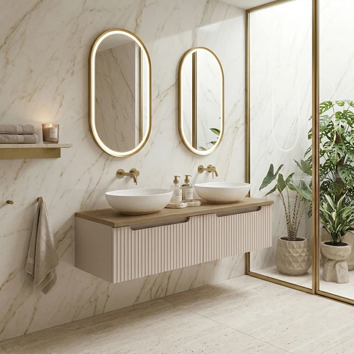 garneroarredamenti Mobile bagno sospeso 120cm cannettato 2 cassetti beige rovere Cleany