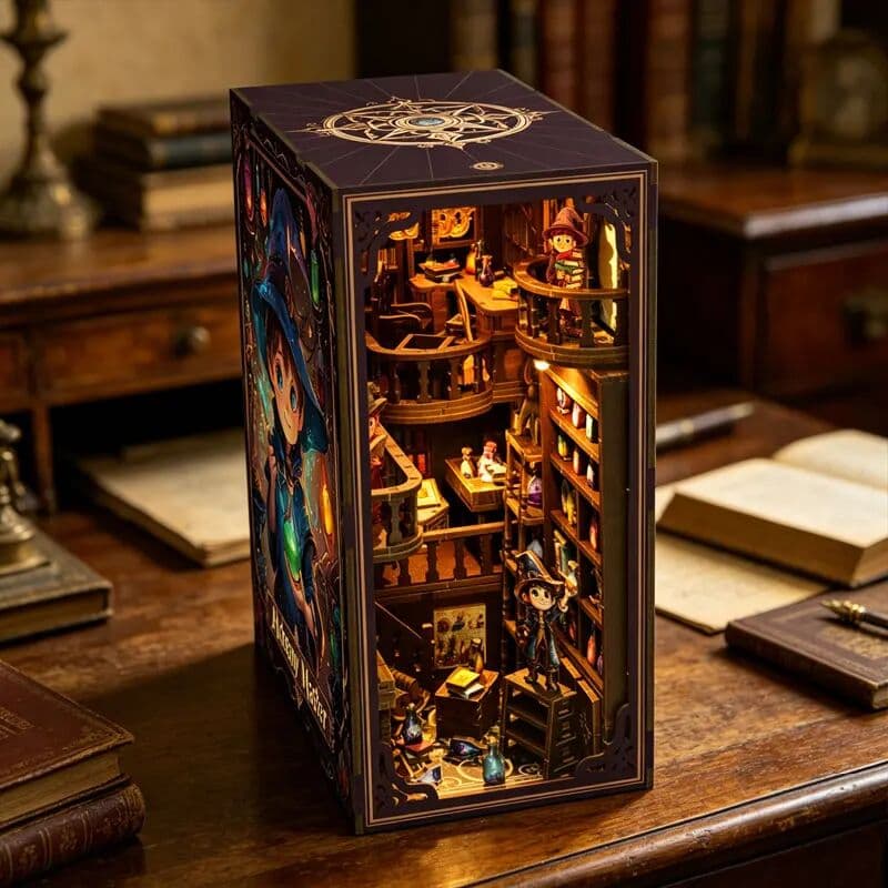 Zuuton Wizard Magic Book Nook DIY Wooden Miniature Kit With LED Light 3D Puzzle Bookshelf Insert Decor Handmade Bookend Gift