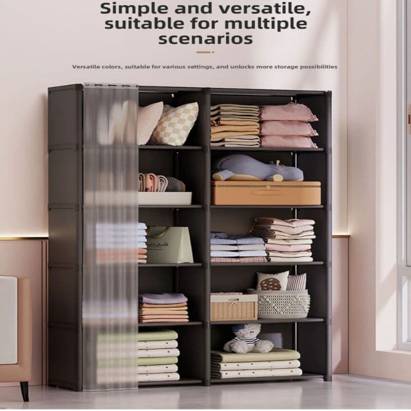 NONE 5-Tier Slim Wardrobe Dustproof Easy Assembly Thickened Steel Pipe Reinforced Clothes Storage Organizer Rack For Bedroom Home