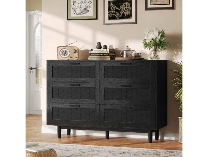 Jookgbd- Commode 115x40x80 Cm Avec Tiroirs\, Commode En Rotin\, Armoire De Rangement Moderne\, Sideboard En Bois\, Pour Chambre Salon Couloir Bureau\, Rotin\, Bois\, Noir