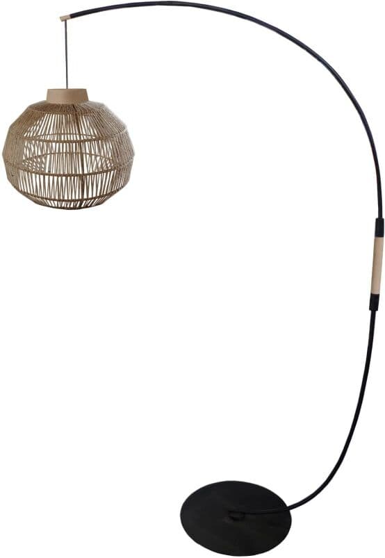 Tosel Lámpara de pie arco metal negro madera natural pantalla hilo natural