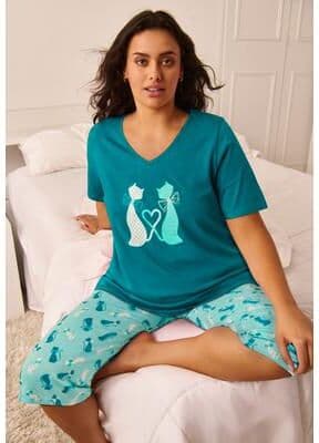 Plus Size Women's 2-Piece Capri Cotton PJ Set by Dreams & Co. in Deep Teal Cat (Size 6X) Pajamas