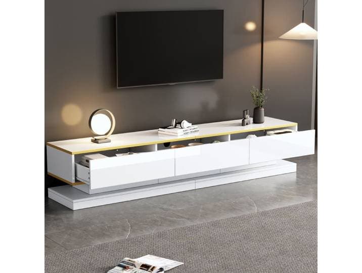 Meuble TV - TRUXEN8 - 200x40x40cm - 3 tiroirs - Blanc chaud - Bord doré