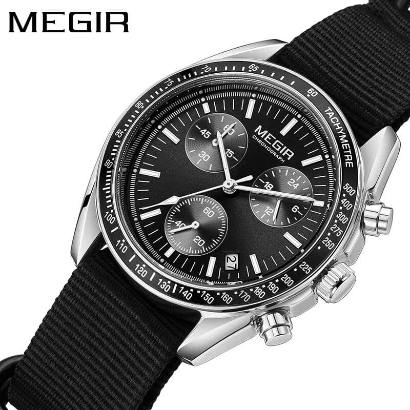 MEGIR 2247 Sport  Black Watch Chronograph Casual Life Weaving Strap Quartz Waterproof Wristwatch for Male