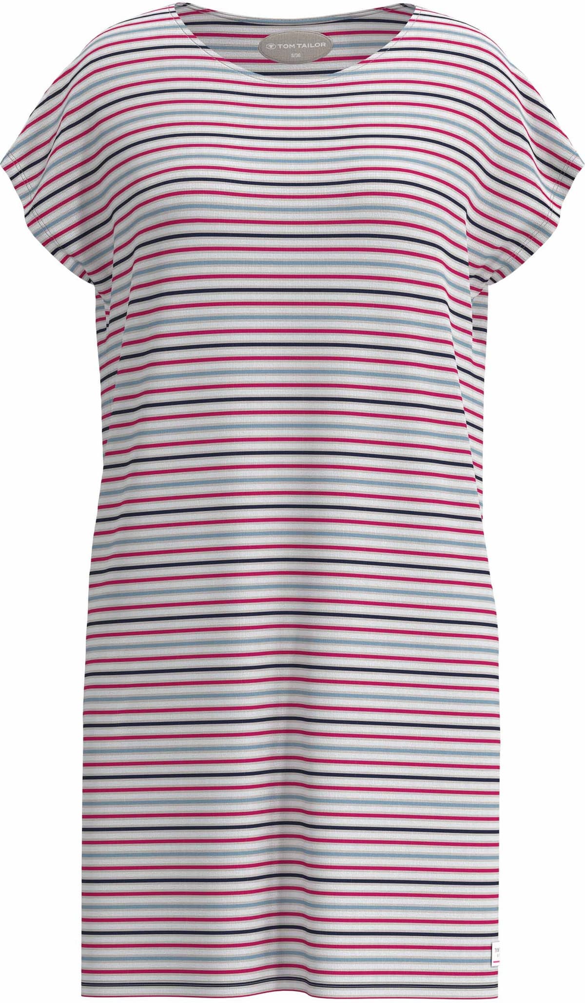 Nachthemd TOM TAILOR, Damen, Gr. 44, N-Gr, bunt (weiß, mittel, ringel), Single Jersey, Obermaterial: 95% Viskose, 5% Elasthan, bequem knielang, Rundhals, gerader Abschluss, Kleider Nachthemd, gestreift, Kurzarm, Rundhalsausschnitt, atmungsaktiv, Viskosemi