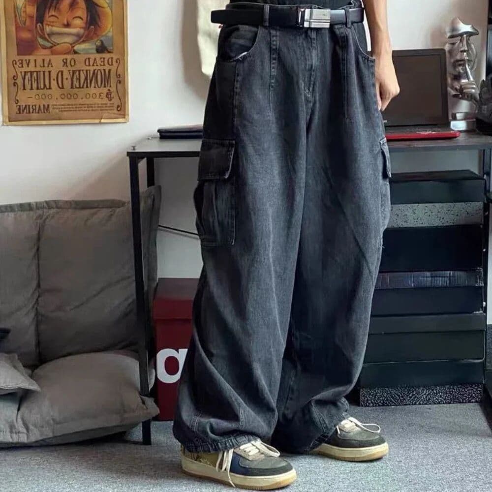 Brother Baggy Jeans Trousers Male Denim Pants Black Wide Leg Pants Men's Jeans Oversize Cargo Korean Streetwear Hip Hop Harajuku