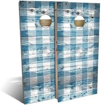 Skip's Garage Blue Checkered Outdoor Cornhole Board Set