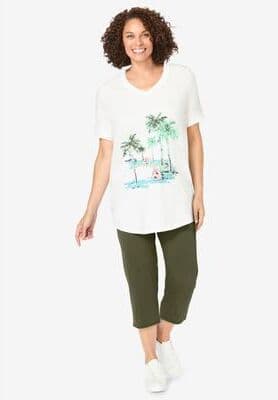Plus Size Women's Two-Piece V-Neck Tunic & Capri Set by Woman Within in Dark Olive Green Palms (Size 3X)