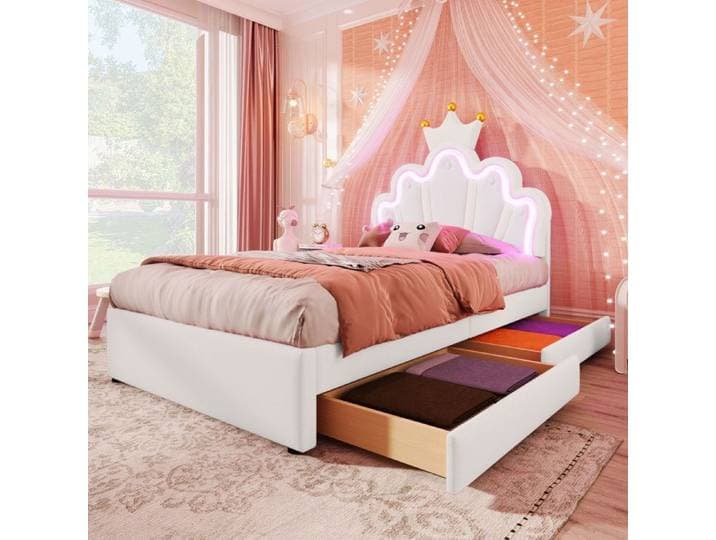 Lit princesse enfant rembourré 90x200 cm blanc avec 2 tiroirs et LED multicolore tête de lit réglable (sans matelas)
