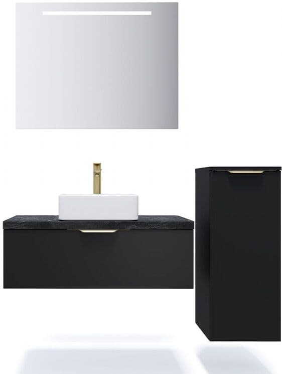Meuble de salle de bain suspendu vasque à poser 90cm 1 tiroir Noir + miroir + colonne ouverture droite - Venice