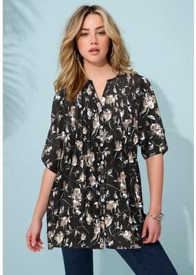 Plus Size Women's Plus Size Floral Y-Neck Pintuck Tunic - Adjustable Long Sleeve Button-Front, Relaxed Shirt Style by Roaman's in Neutral Sketch Blos