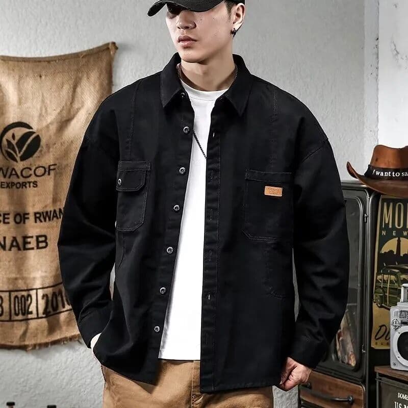 others American Retro Long Sleeve Men's Casual Shirt Hard Man Spring Autumn Heavyweight Hunting Jacket Loose Fit Breathable Cotton