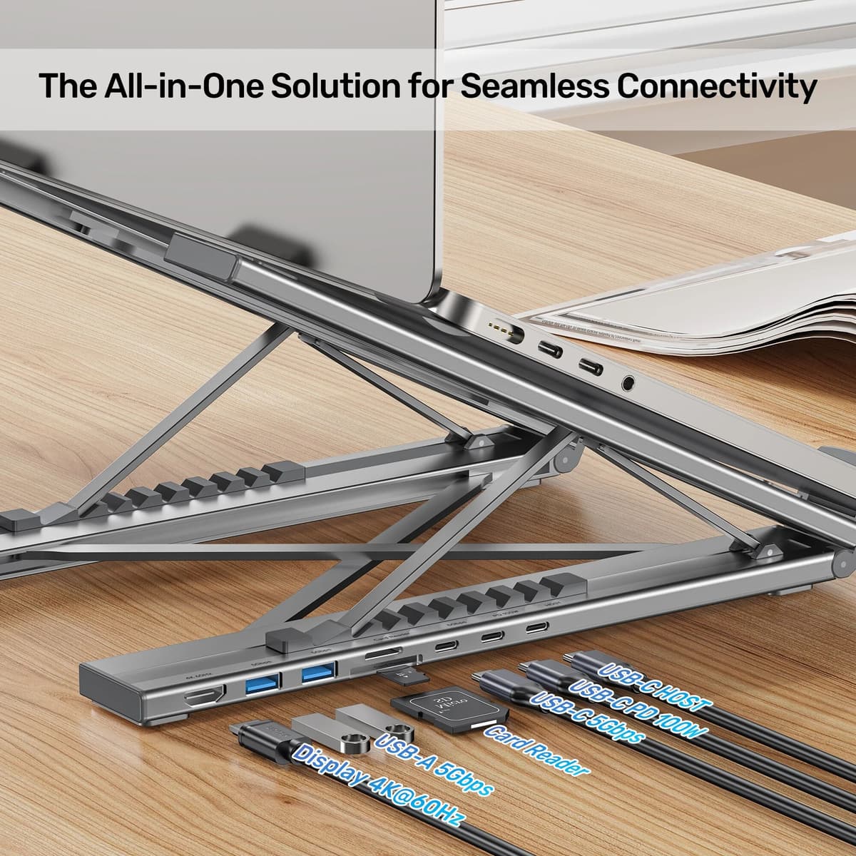 NONE Foldable Laptop Stand with USB C Hub to HDMI 4K@60Hz USB-A 5Gbps PD 100W SD TF Card Reader Docking Station for Mobile Office