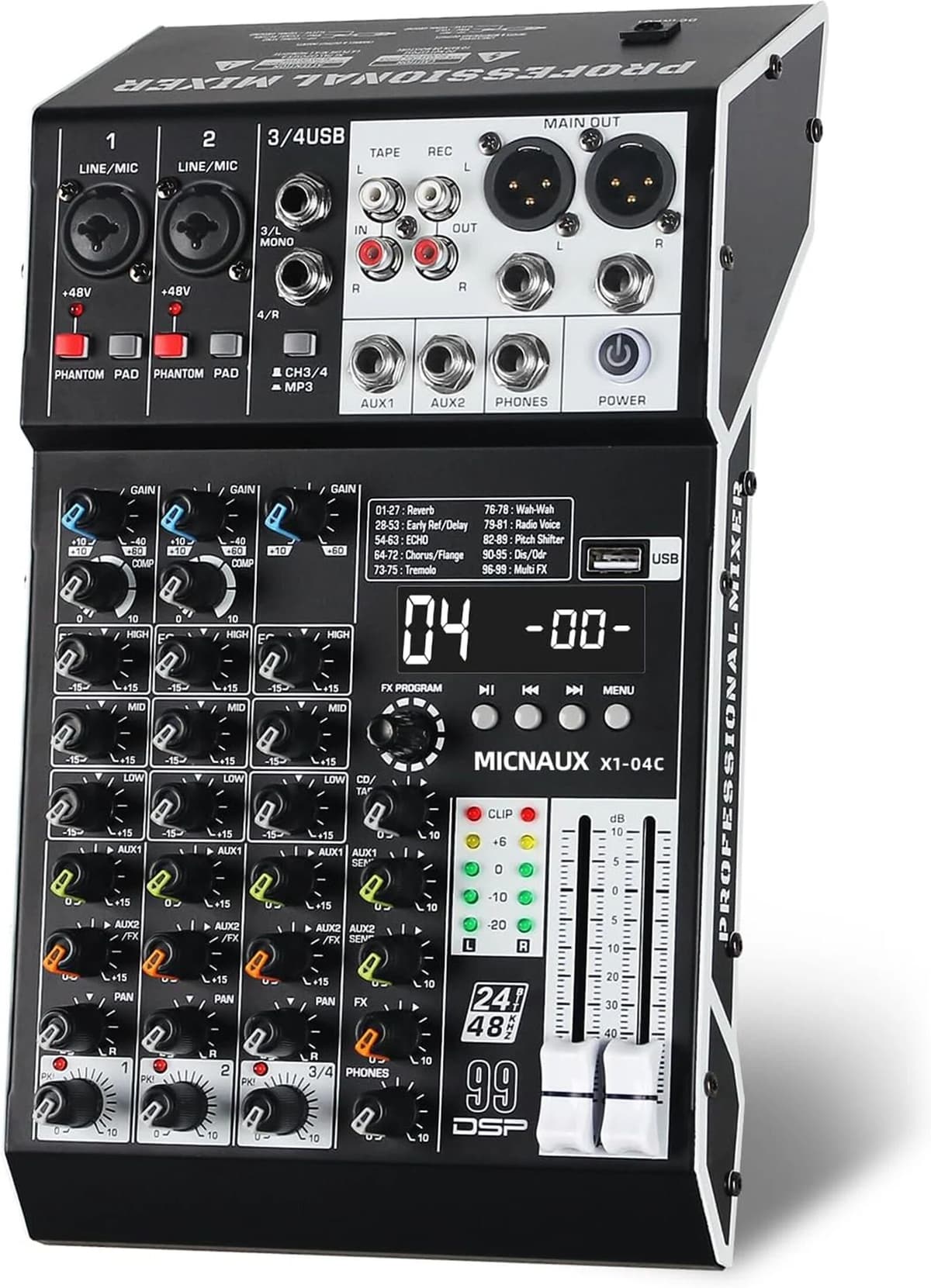 Fuluode FULODE 4-Channel Professinal Audio Mixer With 99DSP Effects Mixing Board For Bluetooth 5.0 USB Microphones Instruments XLR Input