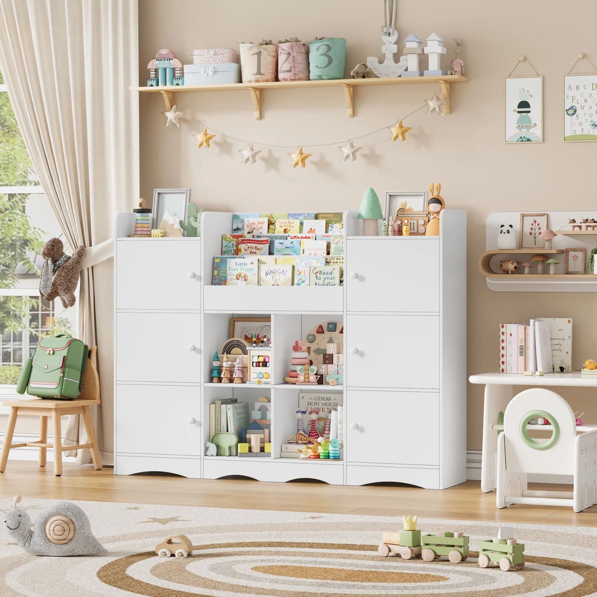 NONE Getone Toy Storage Unit with 6 Doors, 6 Open Compartments Kids Bookshelf Childrens Bookcase Kids Storage Unit for Nursery Playroom Furniture 140 x 30 x 106cm