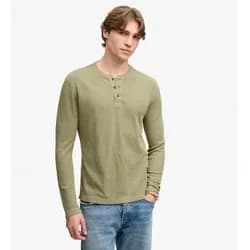 Superdry für Herren. M6010975A Henley Waffel-Shirt khaki (L), Lässig, Grün, Baumwolle, Langarm