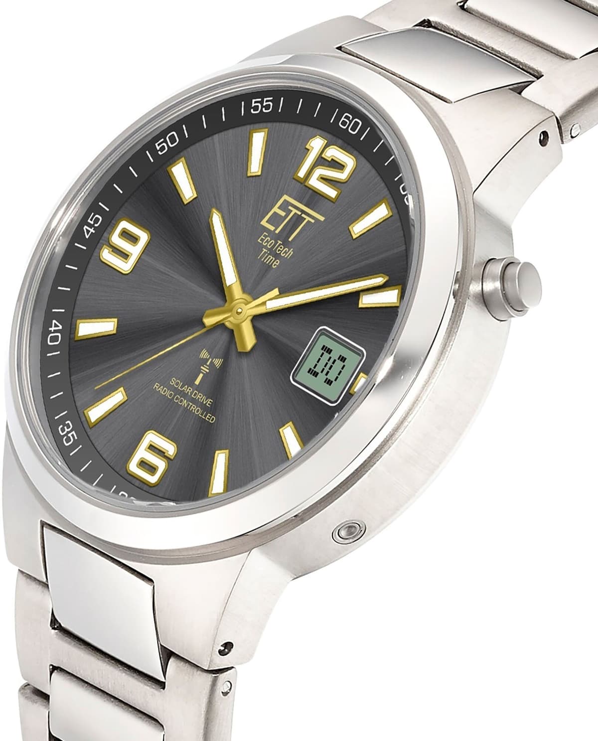 Funkuhr ETT, titansilberfarben, anthrazit, Armbanduhren, Herren, Funkuhr, Armbanduhr, Herrenuhr, Solar, Titan, analog, digital