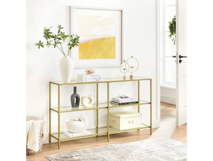 Console dorée VASAGLE - Table d'entrée - 2 étagères en verre trempé - 130 x 30 x 73 cm