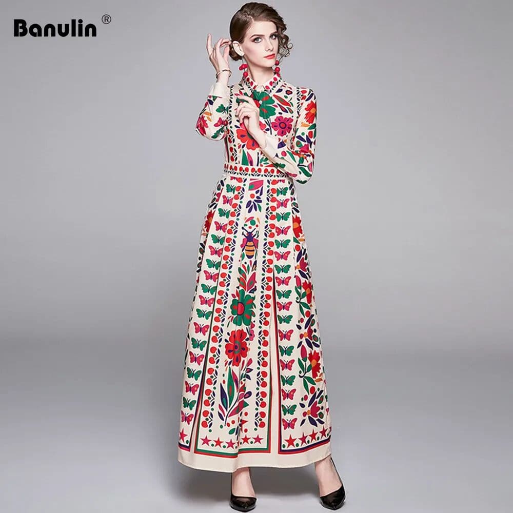 Banulin  2024 Spring Long Maxi Dress Women's Turn Down Neck Long Sleeve Charming Floral Print Bohemia Casual Runway Dresses