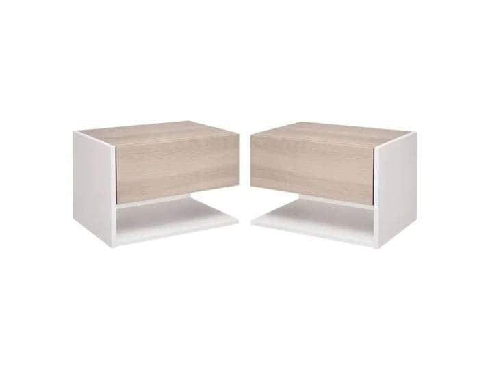 Ensemble de 2 tables de chevet murales avec tiroir, table de chevet pour chambre à coucher, table d'appoint, en aggloméré, chêne+blanc, 46 x 30 x 30 cm
