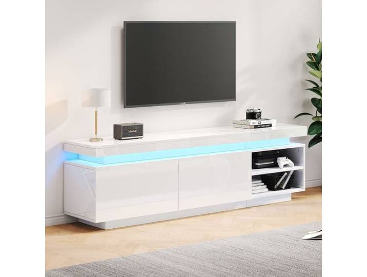 Meuble TV moderne - Finition brillante - Éclairage LED intégré - 170x35x50 cm - Pour téléviseurs jusqu'à 70 pouces
