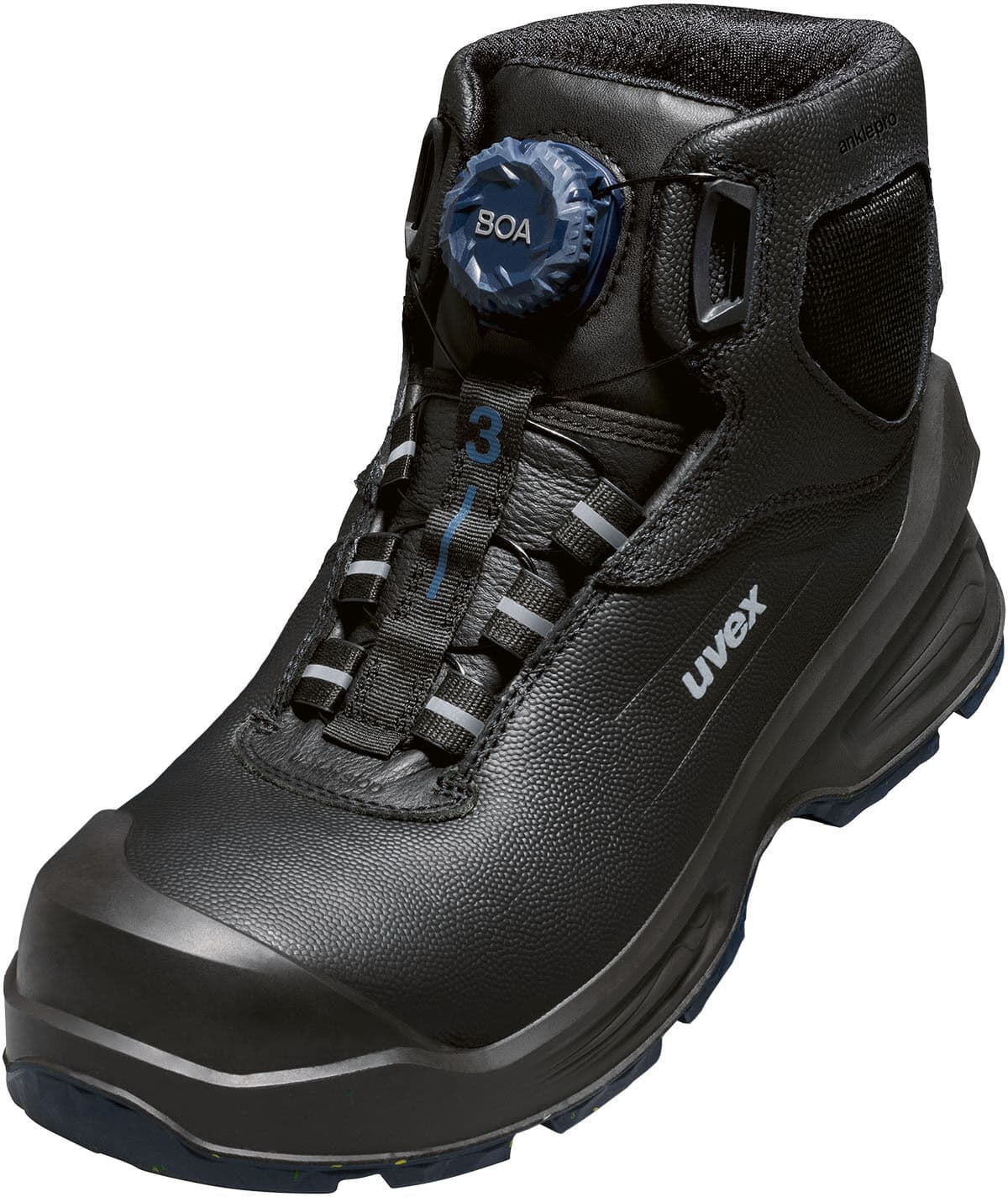 Sicherheitsstiefel UVEX "3 MACSOLE(R)" Gr. 46, schwarz (schwarz, blau), 46, Obermaterial: 100% Rindsleder Leather cow., Schuhe, Sicherheitsstiefel