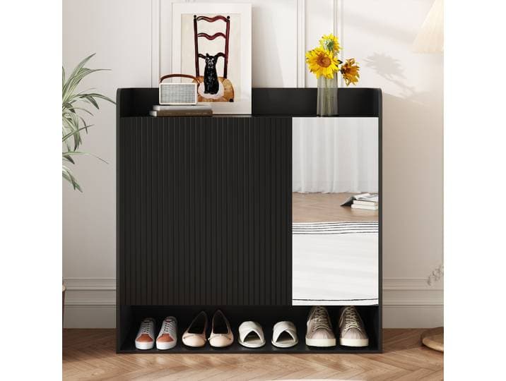 Armoire à chaussures noire à rayures verticales avec miroir, étagère à chaussures spacieuse à plusieurs niveaux, armoire de rangement haute capacité pour l'entrée de la maison