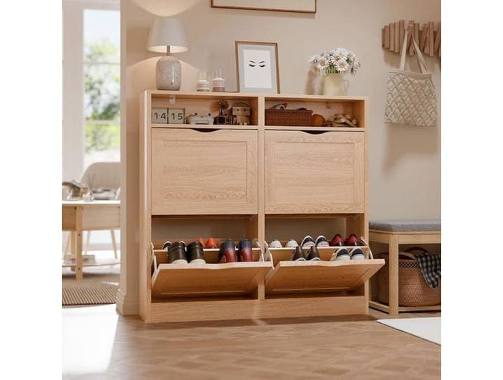 Meuble à Chaussures Entree Armoire à Chaussures avec 4 Tiroirs Basculants / 8 Niveaux Entrée Couloir Séjour 24x100x100cm Chêne