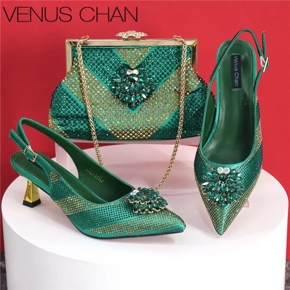 Venus Chan 2025 Italian Design Rhinestone Luxury Green Colour Pointed Toe Shoe & Bag Set Women's High Heels for Parties