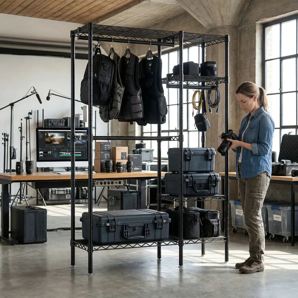 NONE Heavy Duty 2-Column 4-Tier Storage Rack, 700lb Capacity Carbon Steel Organizer, 6 Shelves & 2 Hanging Bars for Photography Studi