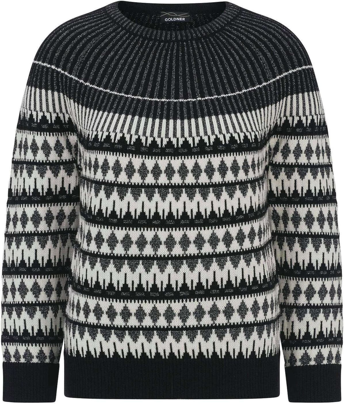 Rundhalspullover GOLDNER "Norwegerpullover mit Raglanärmeln", Damen, Gr. 44, schwarz-weiß (schwarz, cremeweiß, gemustert), Pullover Rundhalspullover, mit Glitzergarn am Ausschnitt