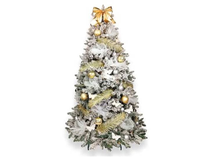 LAALU Künstlicher Weihnachtsbaum 150 cm – EDELGLANZ – geschmückt mit 100 Weihnachtsbaumschmuck – inkl. Metallständer und Aufbewahrungsbox